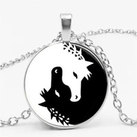 yin yang black white cute horse photo glass dome cabochon pendant chain necklace fashion jewelry accessories for women men gifts