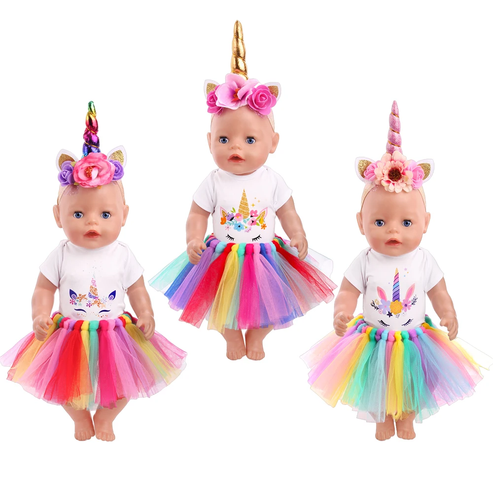 

43 см, одежда для американских кукол для мальчиков, обувь в виде единорога, радужная юбка, платье, игрушки для новорожденных, аксессуары, подходит для 18-дюймовых кукол для девочек, подарок f74