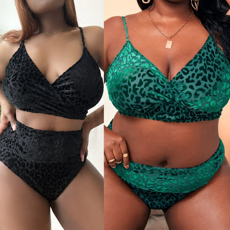 

Summer 2023 Tankini New Plus-size Green Leopard Print Lace-up Strap Adjustable Bikini Burst Slimming Plus-size Tankini Set