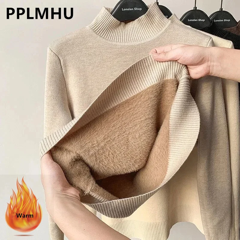

Korean Turtleneck Slim Thicken Plus Velvet Sweater Woman 2022 Winter Knitted Pullovers Casual Fleece Lined Warm Knitwear Tops