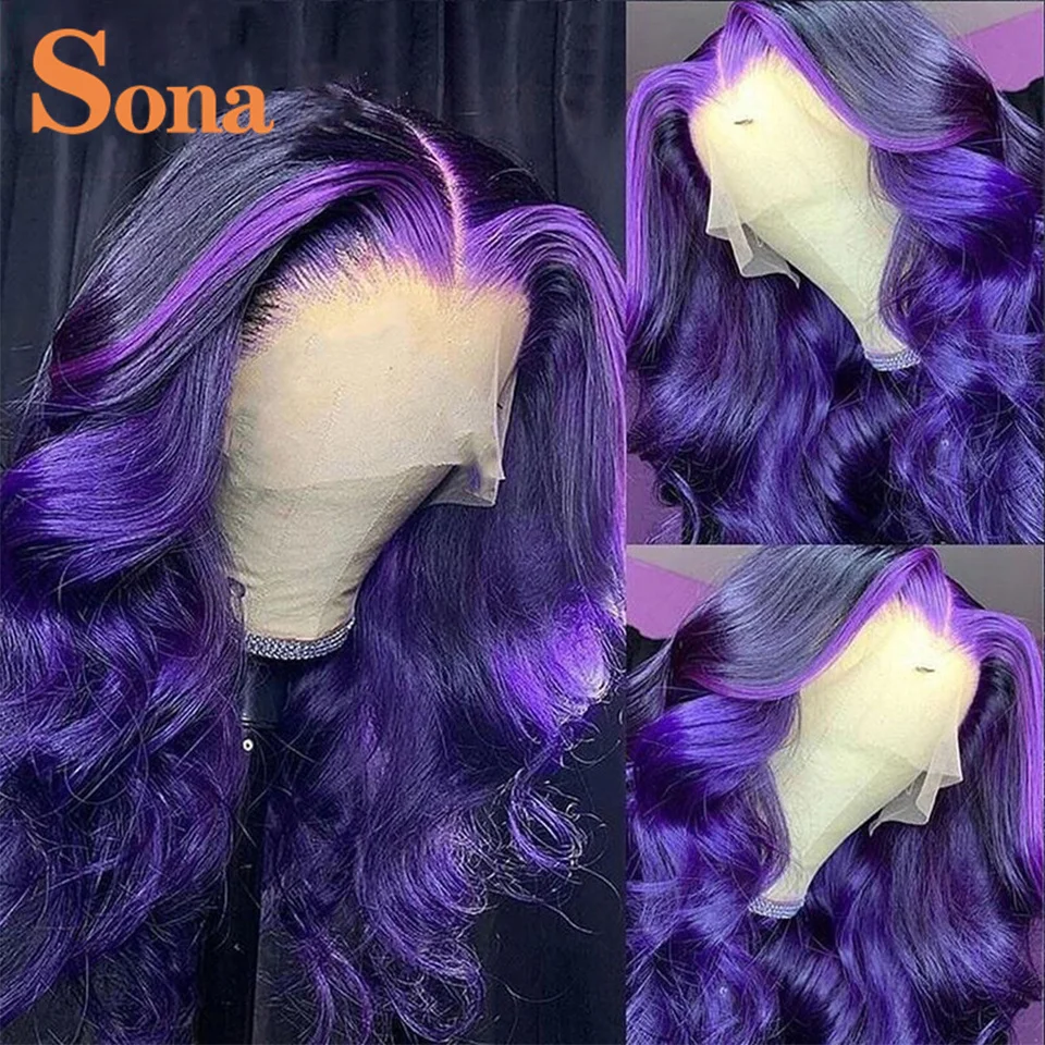 Colored Dark Purple Light Purple Lace Front Wig Human Hair Wavy 13x4 Transparent Blue Lace Frontal Wig for Women 30 Inch 180