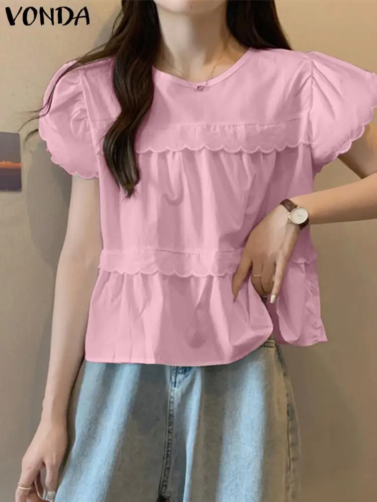 

Summer Ruffled Shirt 2023 Women Blouses VONDA Short Puff Sleeve Fashion Tops Round Neck Solid Color Tunic Casual Blusas Feminina