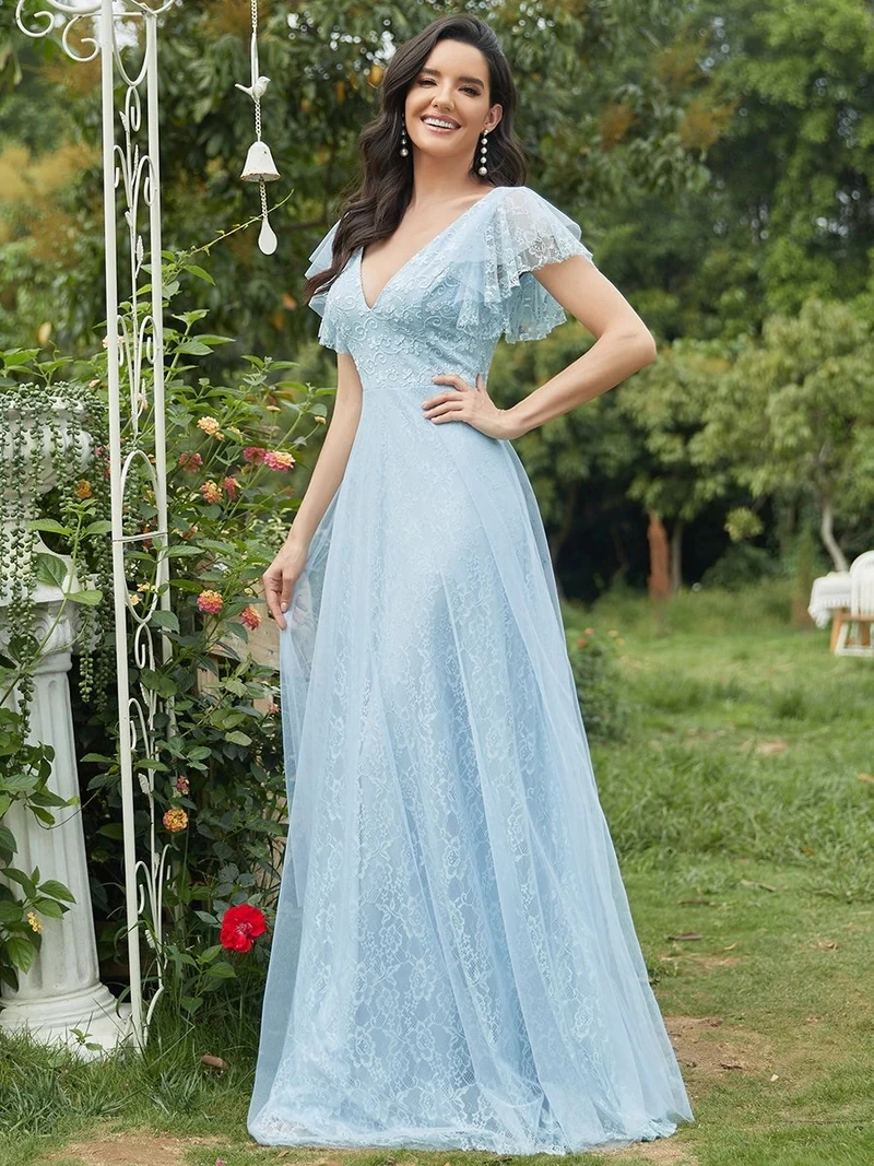 

Elegant Bridesmaid dresses Long Chiffon A-LINE Sleeveless V-Neck 2023 ever pretty of Sky Blue Simple Evening Dresse Women