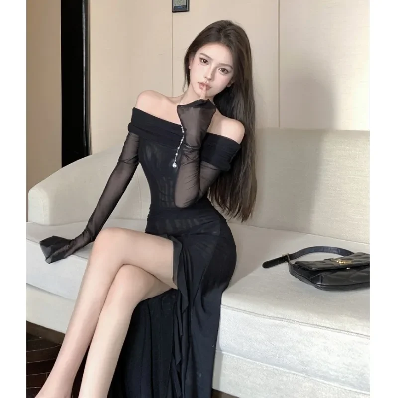 Женское платье Ezgaga с вырезом лодочкой длинным рукавом и открытыми плечами