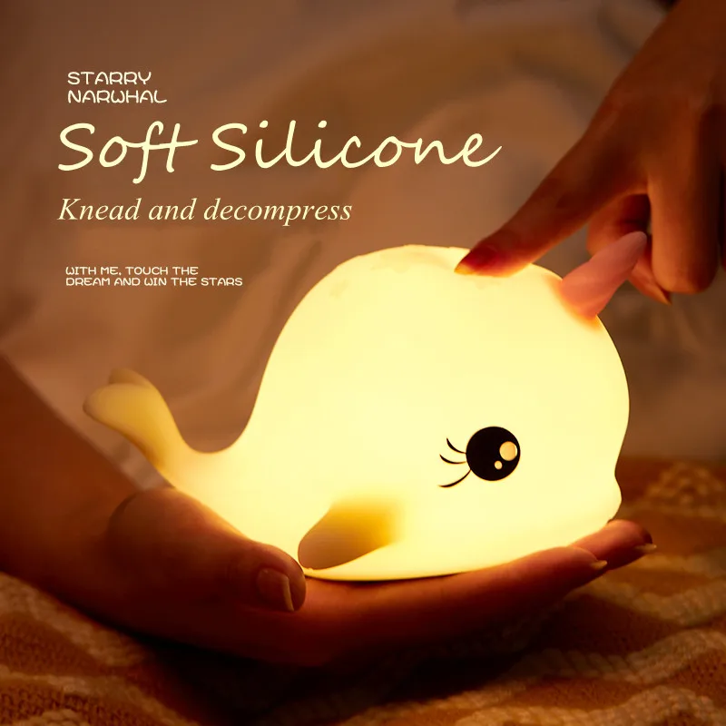 

Cute Cartoon Silica gel Dimmable USB Rechargeable Night Lamp Narwhal Baby Kid Bedroom Decor Bedside Lamp Gift Molar silicone toy