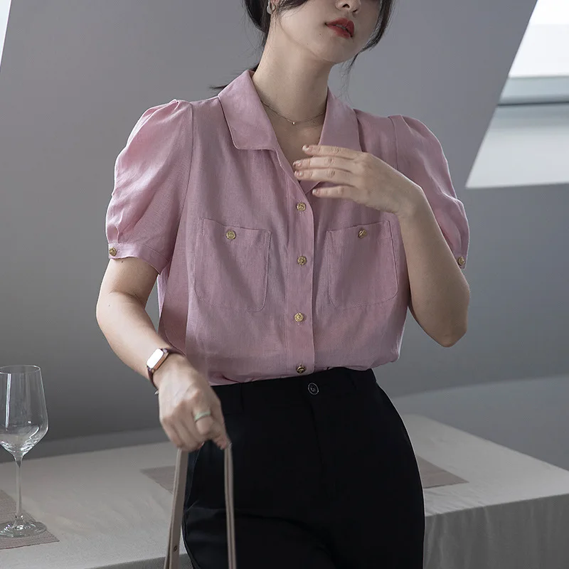 

New Summer Fashion Woman Blouse 2023 Short Sleeve Vintage Metal Button Chic Commuter Top Shirts and Blouses for Women