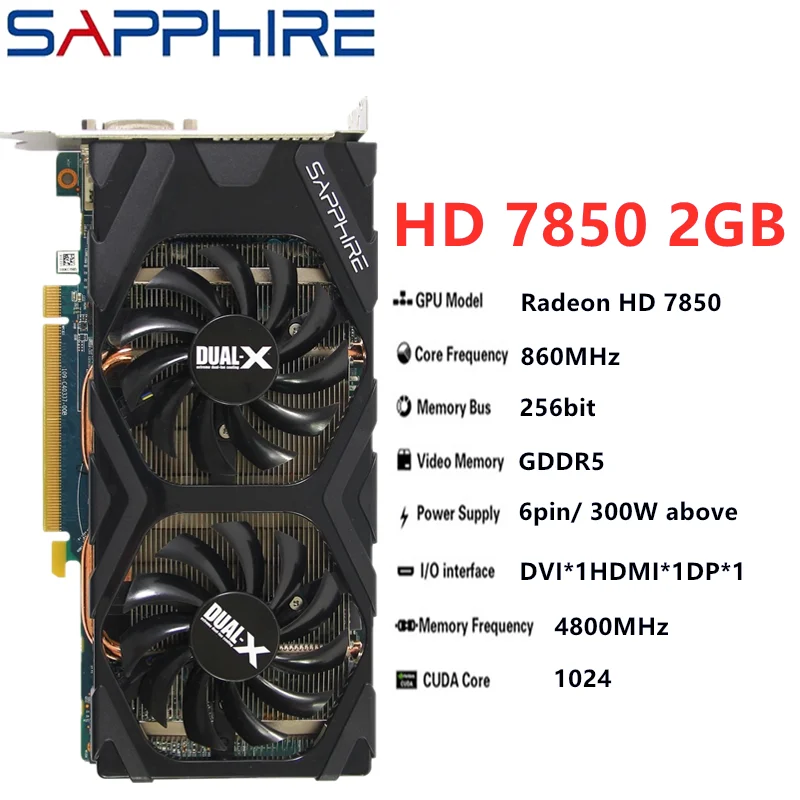 Оригинальный чип видеокарты SAPPHIRE Radeon HD7850 2 ГБ/2048 МБ 256Bit GDDR5 HD6850 GTX AMD Настольный ПК
