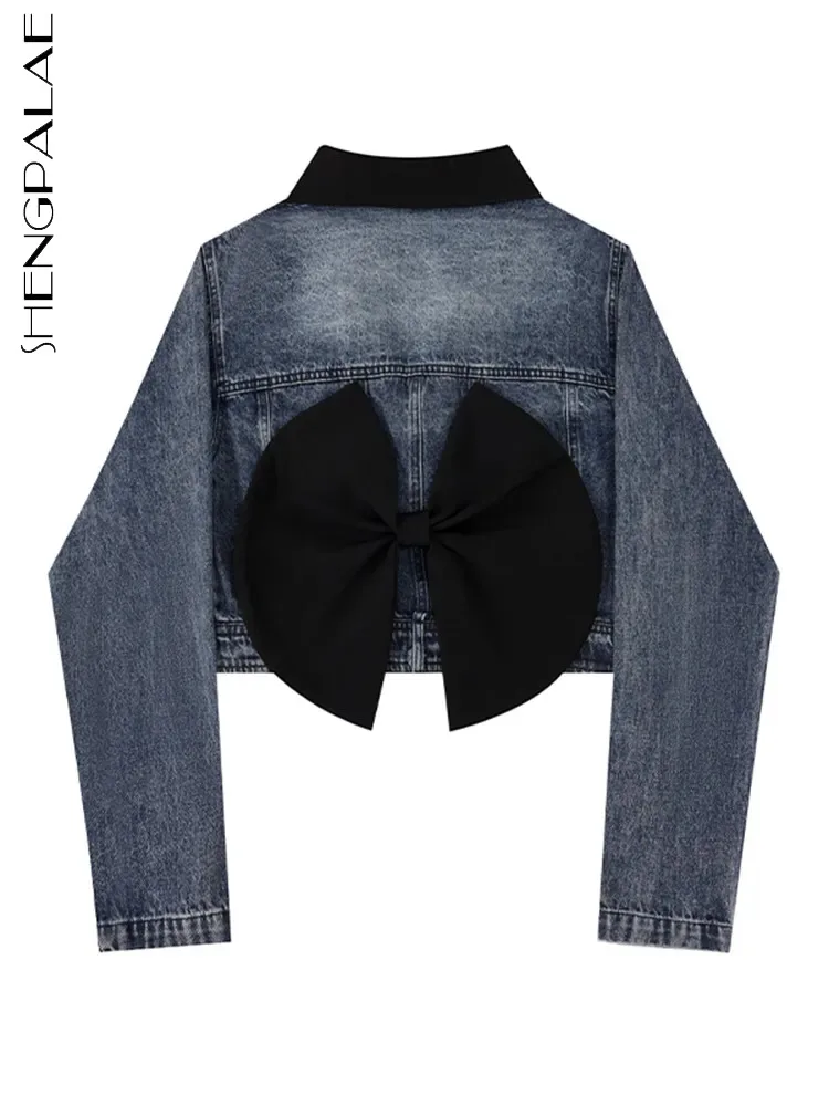 

SHENGPALAE Bow Spliced Denim Coat Fashion Women Notched Collar Single Breasted Short Jacket Autumn 2023 New Chic Outwear CP2293