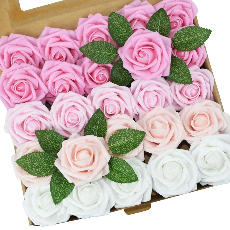 

1 Paper Box 25Pcs with 4Pcs Leaves Artificial Rose Bouquet DIY Wedding Birthday Party Gifts 8cm Roses Wedding Bouquet Decoration