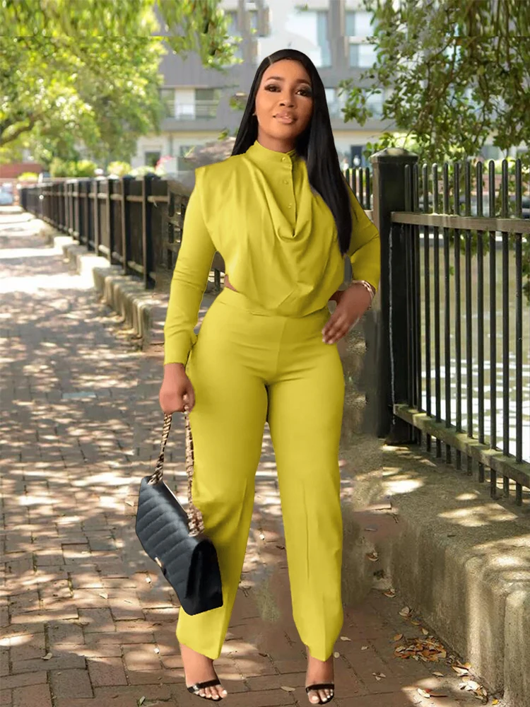 Женская офисная одежда осенний наряд простой топ с драпировкой спереди и брюки