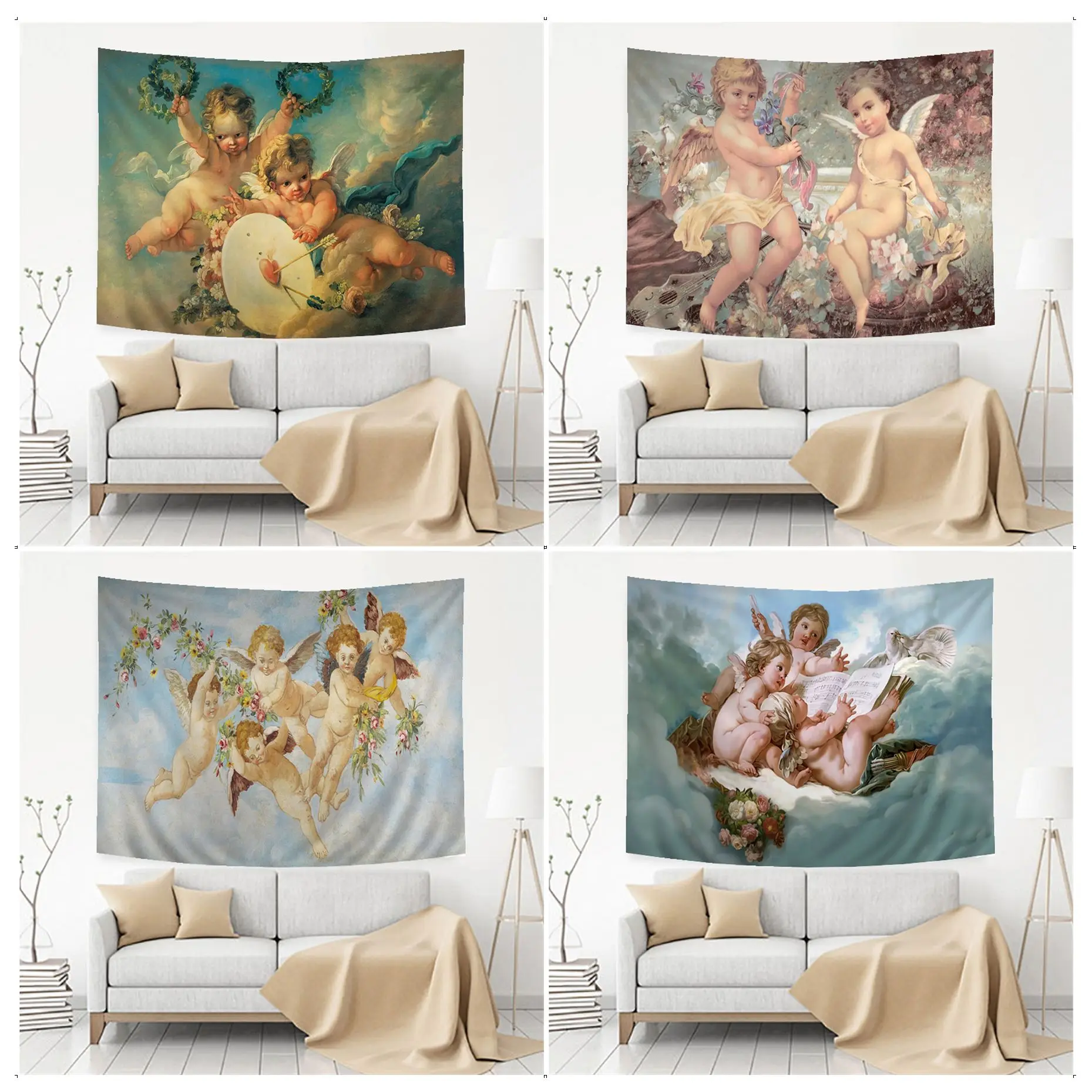 

Renaissance Angels Printed Large Wall Tapestry Hippie Flower Wall Carpets Dorm Decor Wall Hanging Sheets