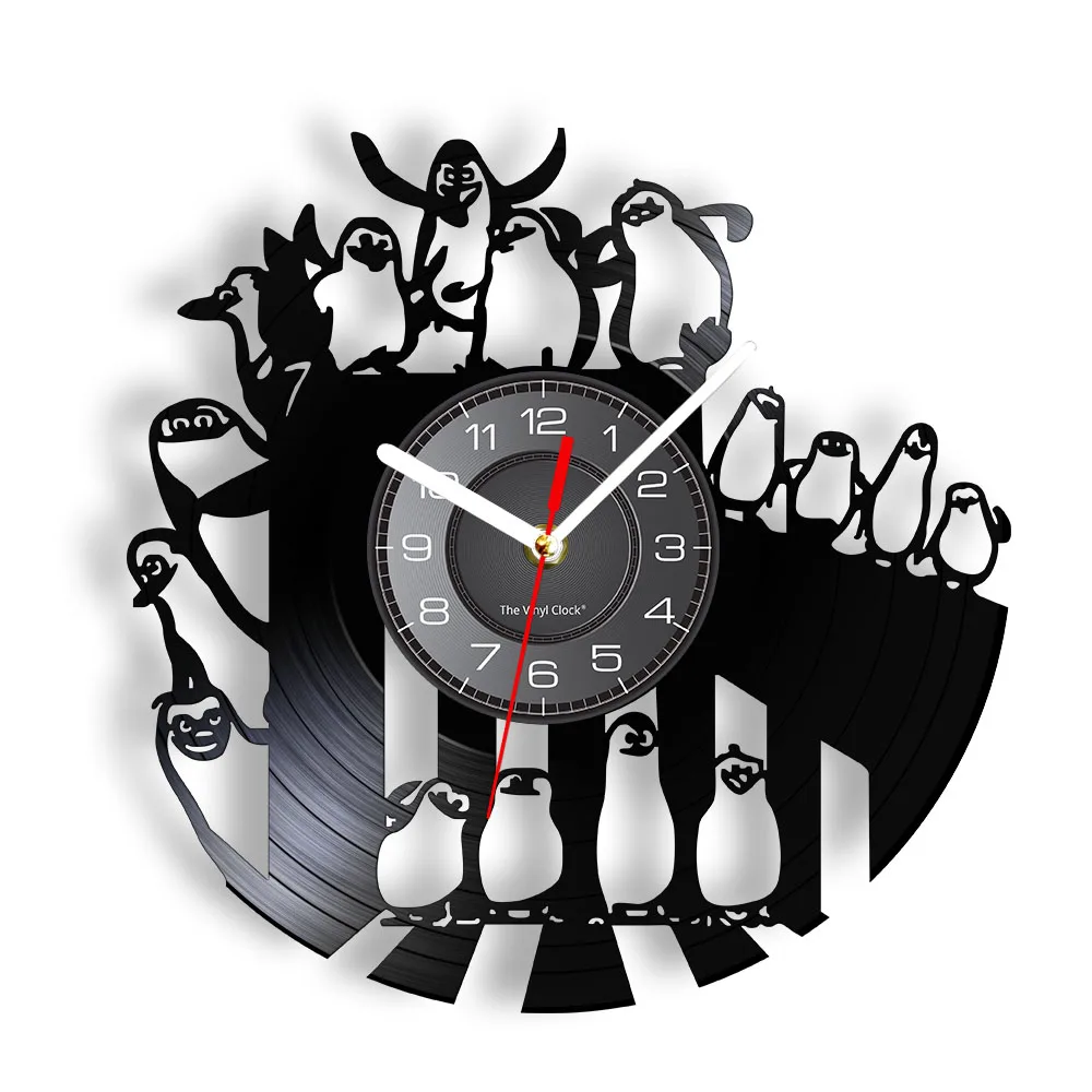 

South Pole Penguins Decorative Wall Clock Lovely Animals LED Light Vinyl Record Wall Watch Retro Hanging Decor for Kids' Bedroom