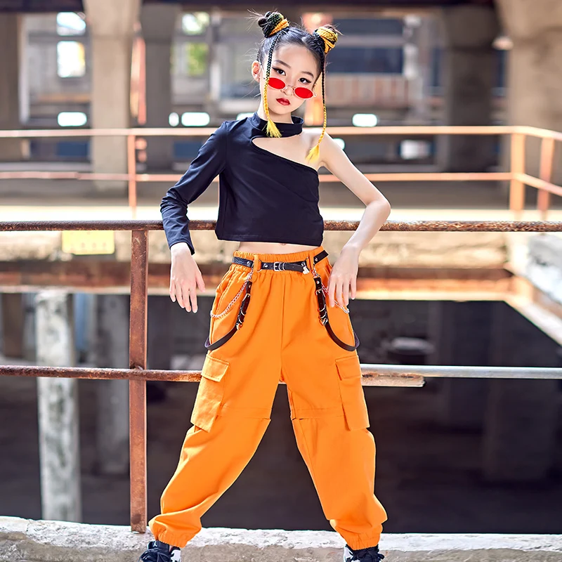 

Новинка Топ с одним рукавом и оранжевые брюки Одежда для уличных танцев Джаз современные танцевальные костюмы для девочек одежда в стиле хи...