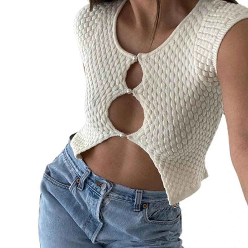 

y2k Tank Top Aesthetic 2000s Clothes Solid Color Short Sleeve Hollow Out Crochet Knitted T Shirt Summer Women Vest Streetwear