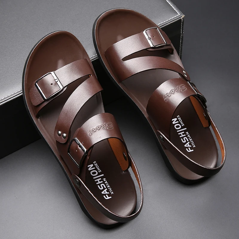 

YEINSHAARS New Big Size Casual Fashion Men Shoes Slip-On PU Leather Soft Non-slip Beach Summer Sandals Slippers Flats Flip Flop