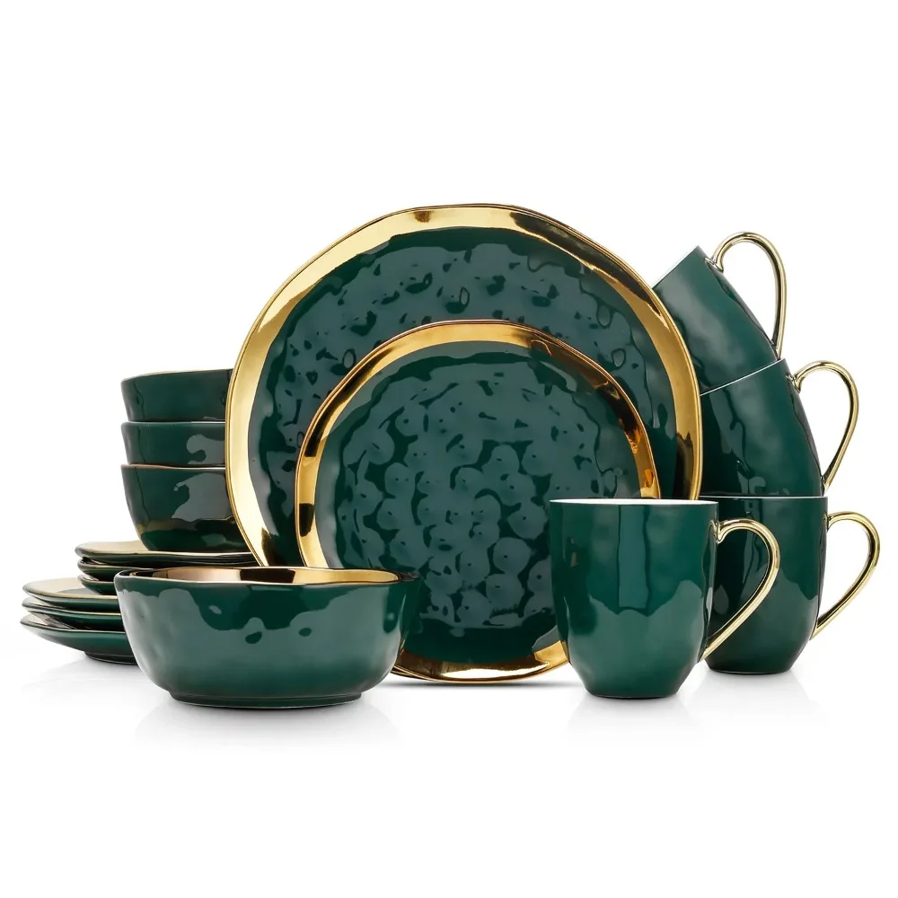 

Фарфоровый набор из 16 предметов, сервис для 4, сервировочная посуда с зеленым и золотым ободком, кухонная посуда, обеденная тарелка