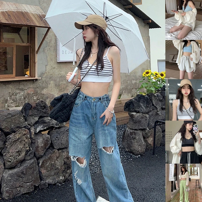 

Майка женская трикотажная в рубчик, укороченный топ в полоску для тренировок в тренажерном зале и йоги