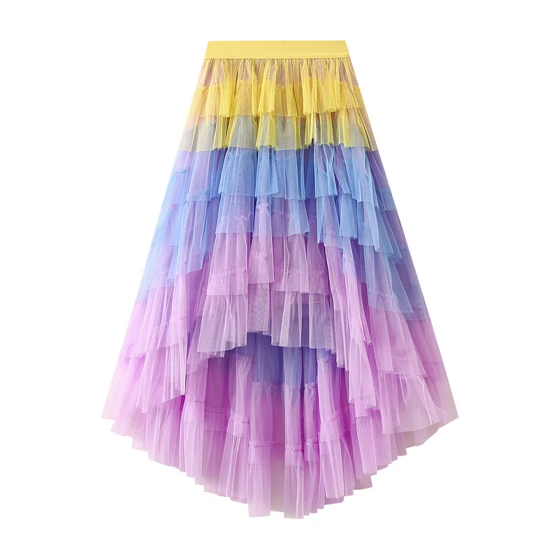 

Gradient Long Skirt Women Ball Gown Skirt 2023 Korean Lolita Spring Summer High Waisted High Low Ruched Ruffle Mesh Skirt rok