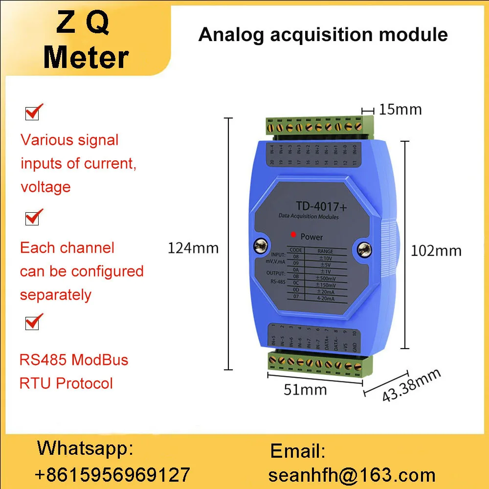 

Analog to 485 acquisition module 4-20mA/0-5V/10V voltage and current USB conversion module Modbus