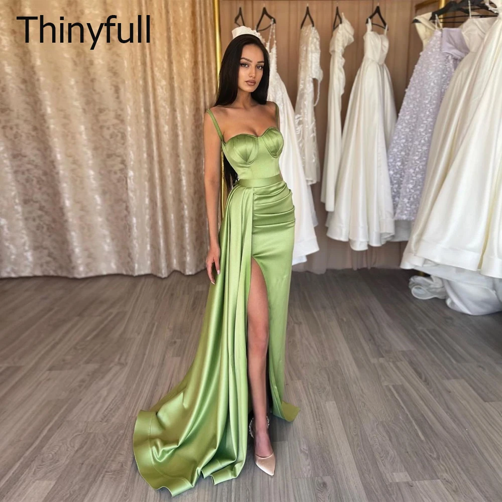 

Thinyfull Hot Sale Green Mermaid Stain Evening Dresses Sweetheart Spaghetti Straps Floor Length High Side Slit Party Prom Gowns