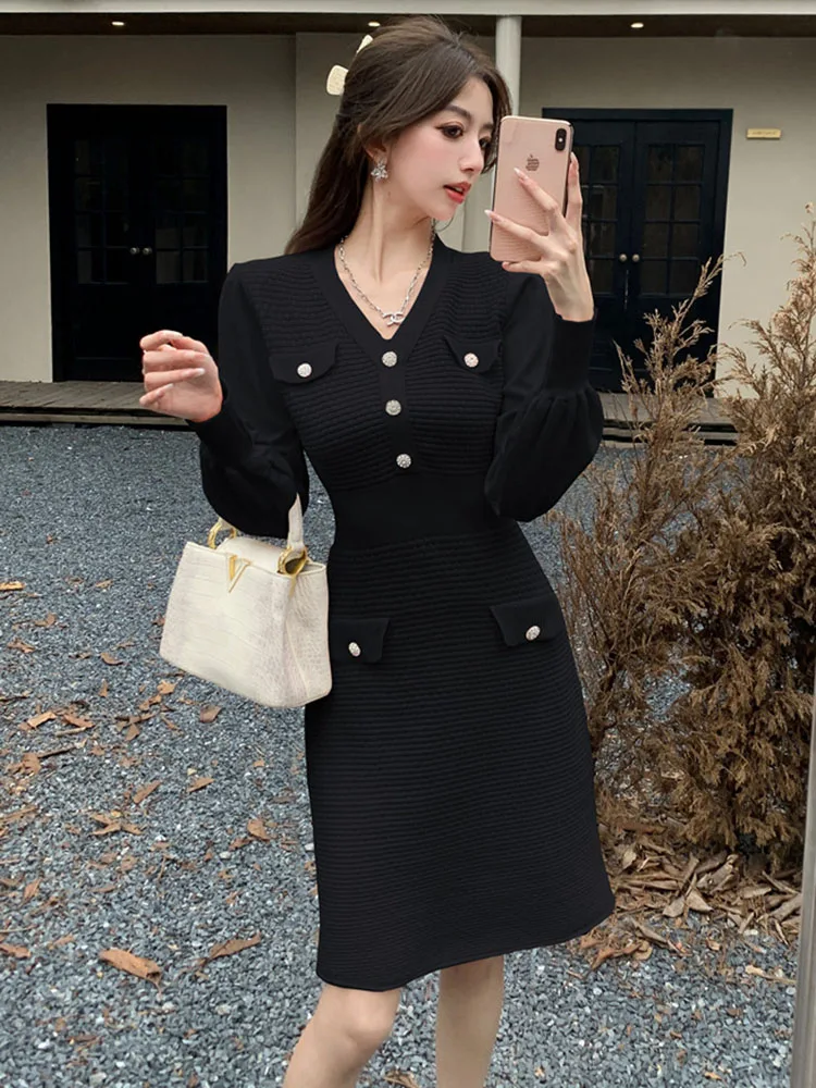 Осень-зима милое вязаное платье с v-образным вырезом корейский дизайн тонкое