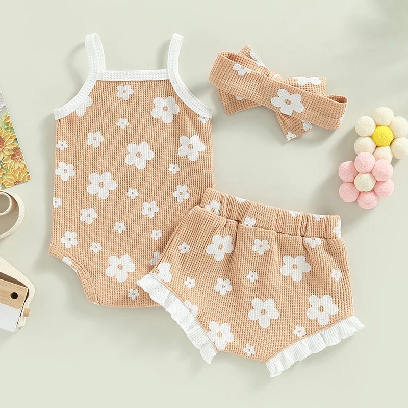 New Summer Toddler Newborn Baby Girls Clothes Sets Waffle Floral Print Sleeveless Bodysuits+Ruffes Drawstring Shorts+Headband