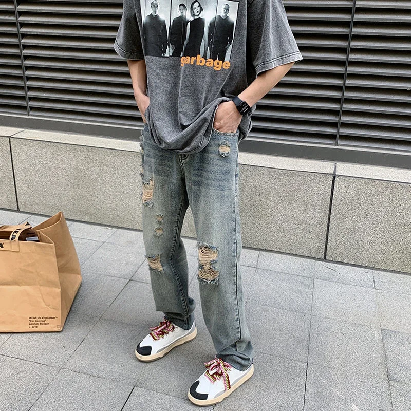 Summer Blue Ripped Baggy Jeans Men Fashion Casual Retro Straight Jeans Mens Streetwear Loose Hip Hop Hole Denim Pants Men S-2XL