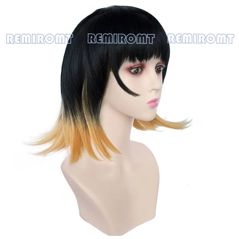 Парик Susamaru из аниме рассекающий демонов с короткими черными и оранжевыми