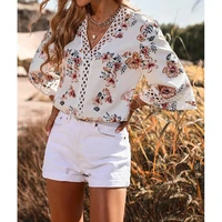 womens sexy blouse summer hollow out fashion v neck flower lace stitching shirt vintage loose ladies long flare sleeve top
