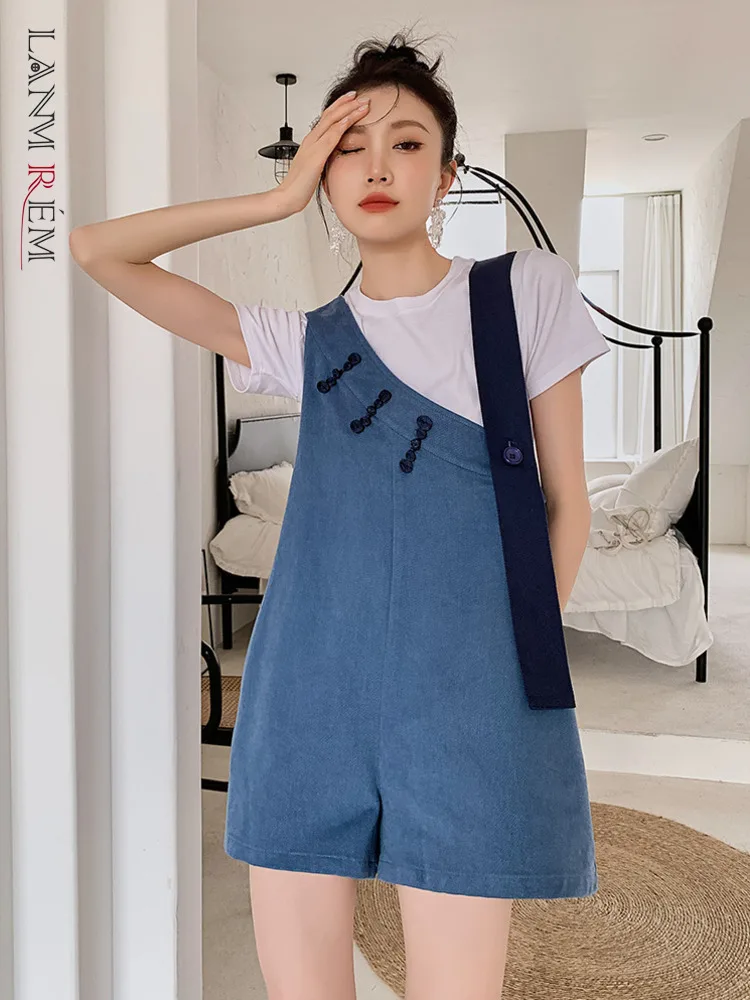 

LANMREM Women Asymmetric Suspender Shorts Loose Solid Color Wide Leg High Waist Fashion 2022 Summer Female Clothing 2I339