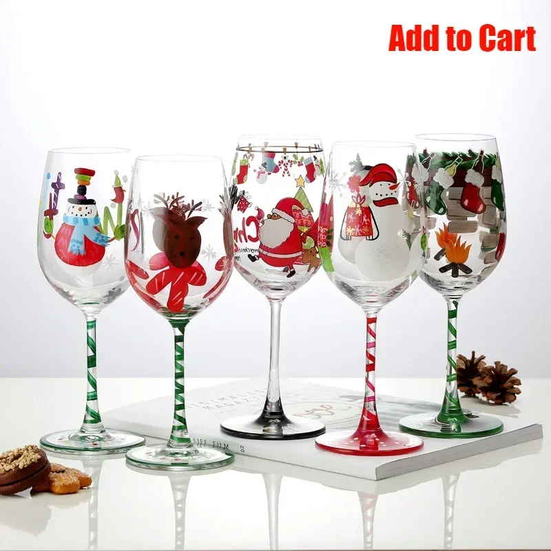 

16oz Christmas theme Glass Goblet Cups Hand painted Santa Claus Snowman Reindeer Wine Glass Cup Home Christmas Party Drinkware