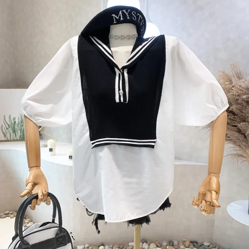 

Niche Design New Women Clothing 2022 Summer Fake Two Pieces Stripe Stitched Loose Short Sleeve Shirt Top Blusas Mujer De Moda