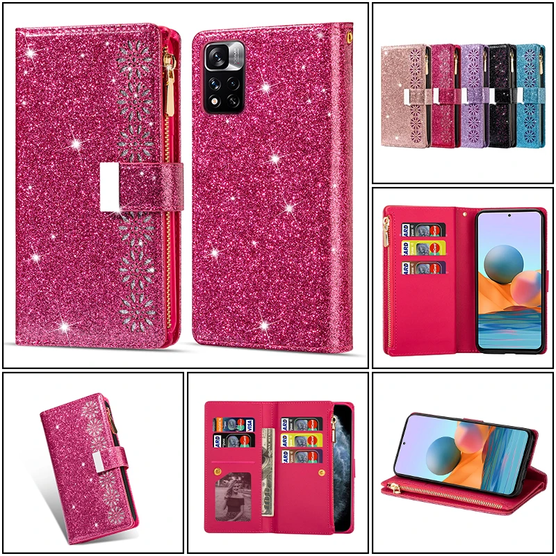 

Star Laser Glitter Leather Cases for Xiaomi RedMi Note 11 10 T 9A 9C 9 S 8 K40 K30 F3 Pro Max Phone with Card Shockproof Cover