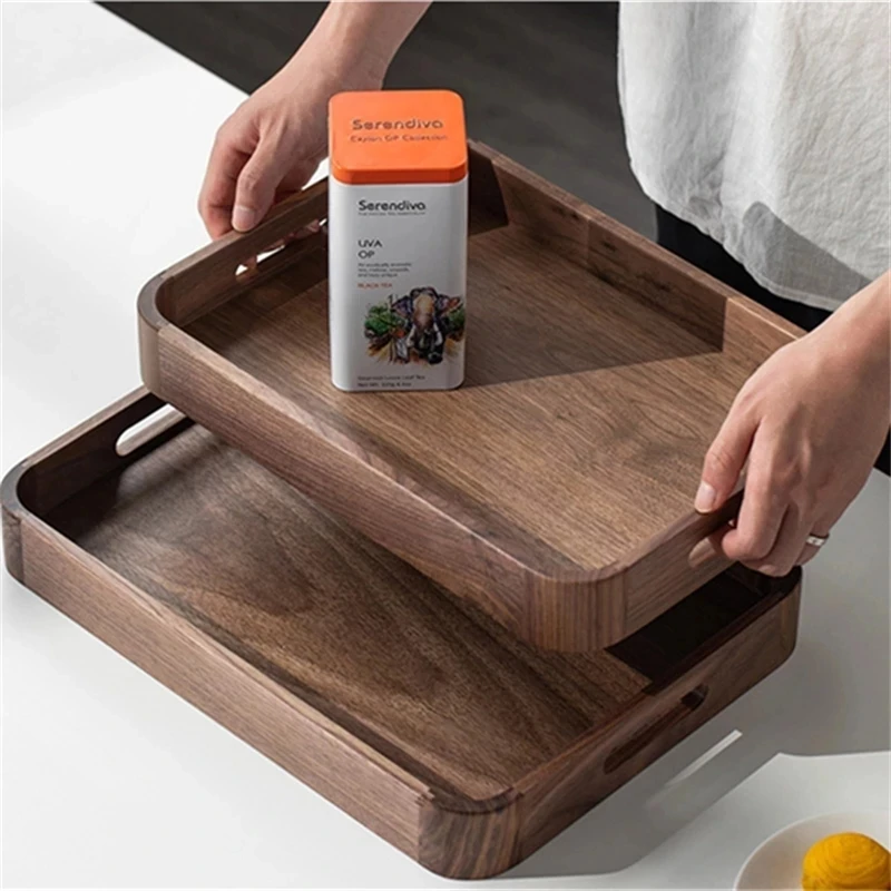 

Rectangle Black Walnut Solid Wood Tray Tea Coffee Cup Tray With Handle Hotel Restaurant Dinner Plate Food Fruit Storage Holder