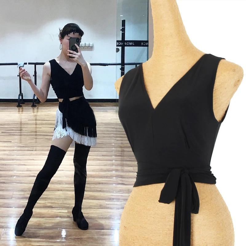 

2023 Latin Dance Tops For Women Black V-Neck Vest Female Practice Clothes Rumba Training Blouse ChaCha Latin Dance Wear DQL4059