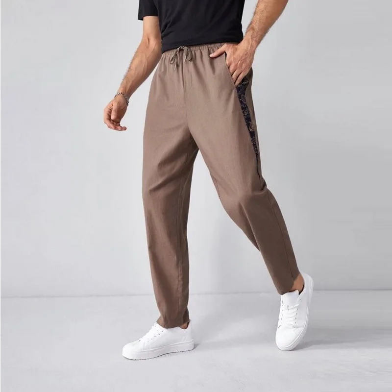 

MrGB Cotton Linen Harem Pants Men's Loose Spliced Straight Leg Casual Pants Large Size Khaki Trousers Streetwear Jogger Pant