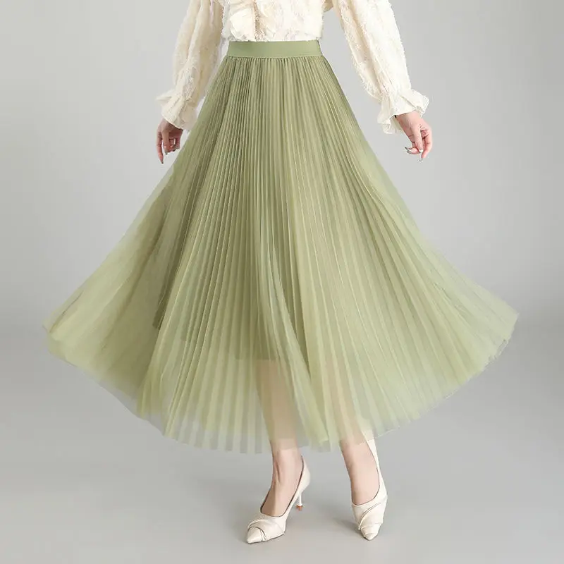 

Fashionable Tulle Long Skirt for Women 2023 Spring Summer Elegant Irregular High Waist Pleated Midi Mesh Skirt Female D71