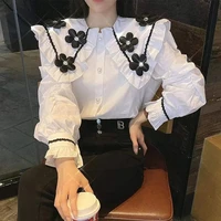 blusas mujer de moda new 2022korean chic flowers peter pan collar ruched long sleeve lapel women shirts camisas mujer tops mujer