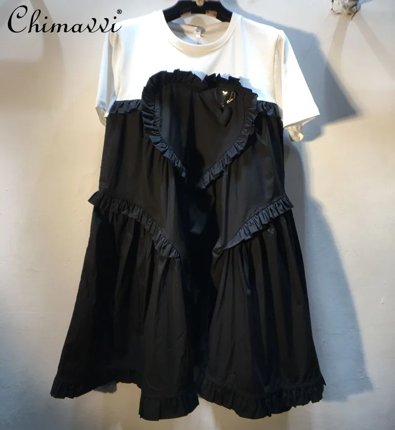 

2022 Summer Wear New Fashion Round Neck Stitching Short-sleeved Dresses Loose Ruffled Sweet Elegance Short Ladies Dress