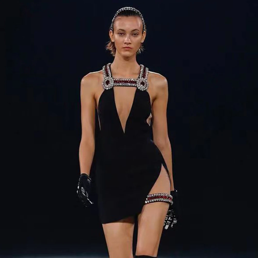 

KLEEZY Sexy Beaded Deep V Neck Bodycon Bandage Dress Elegant Ladies Sling Sleeveless Black Designer Club Party Dress Outfi