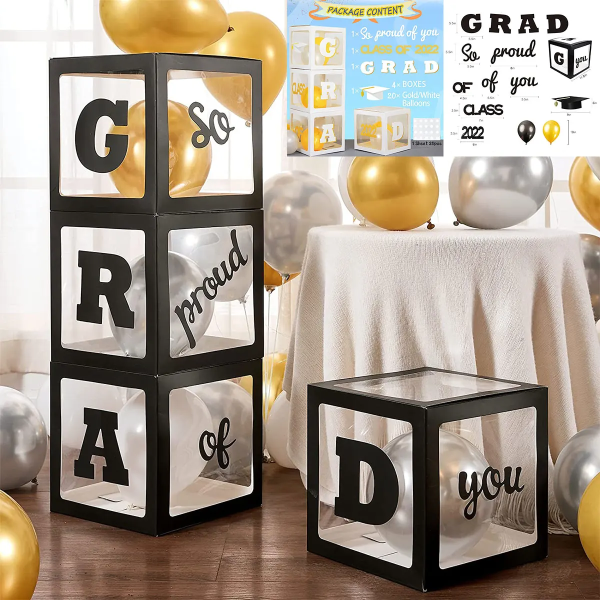 

2022 Graduation Party Decorations Balloon Boxes 4pcs Reusable and Foldable Balloon Boxes with 12 Paper Cards and 24 Balloons Cel