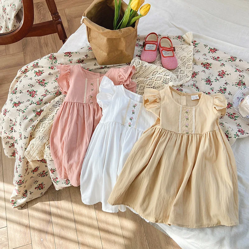 

Korean children's summer lace flower embroidery girls' dress Sweet cotton children's short-sleeved skirt
