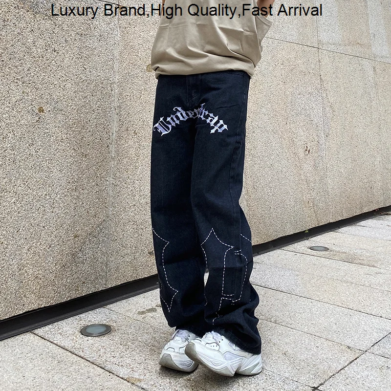 

Брюки мужские в стиле ретро, багги в готическом стиле, с вышивкой надписью, рваные джинсовые штаны, Y2K