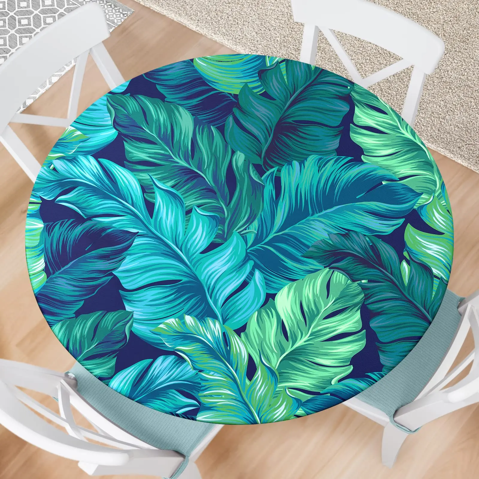 

Green Tropical Leaves Round Tablecloth Fitted Elastic Palm Leaf Tablecloths Waterproof Reusable Round Table Cover for Kitchen
