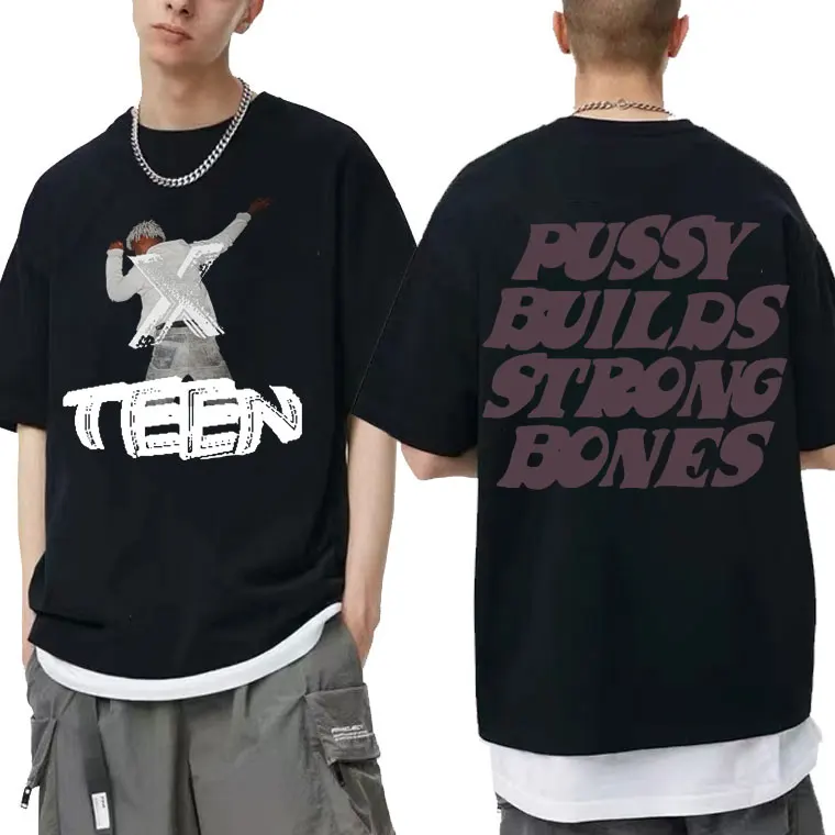 

Pussy Builds Strong Bones Tshirt Men Women Hip-Hop Oversized Short Sleeve 2Pac Tees Rapper Playboi Carti Same Paragraph T-shirt