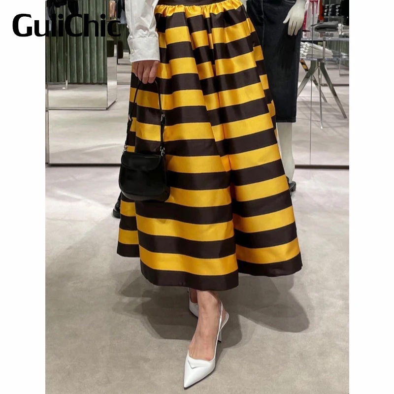 

8.4 GuliChic Women Temperament Contrast Color Striped Plaid Print High Waist A-Line Skirt