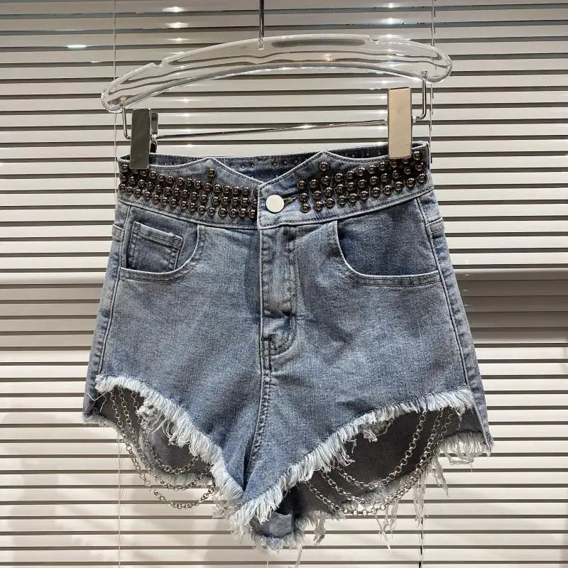 2023 New Summer High Waist Shorts Female Head Rivet Beaded Bottoms Fashion Women's Denim Shorts Loose Casual Shorts for Lady