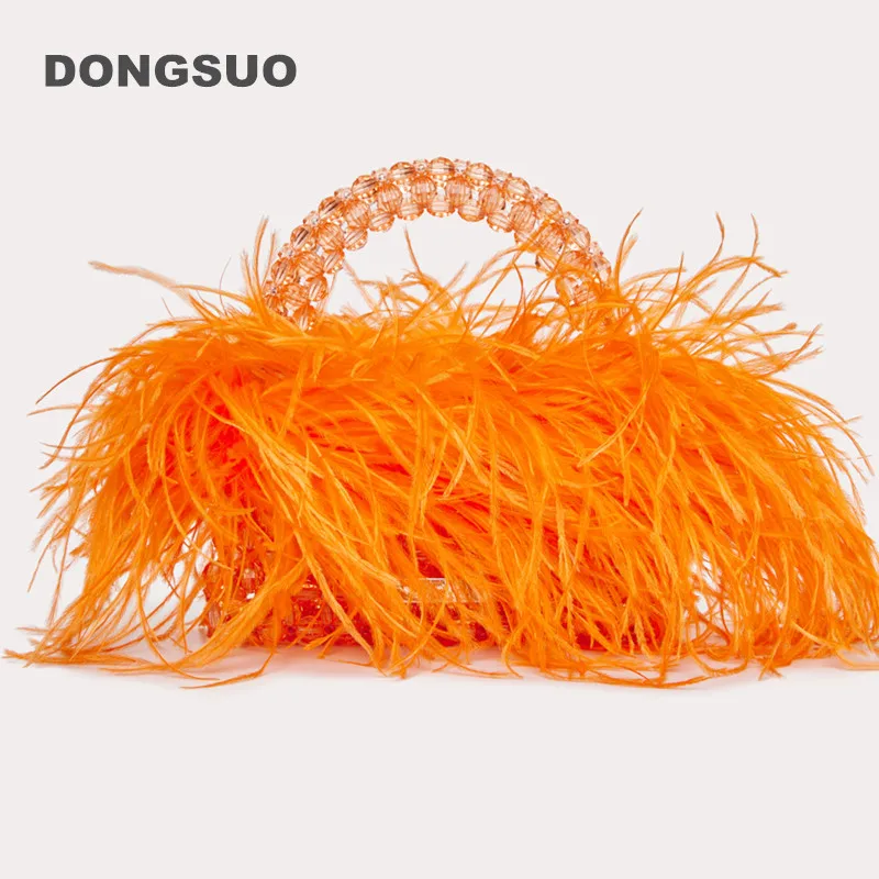 Beaded fur bag designer brand Clear Acrylic crystal stone bead box totes handbag women handmade summer party small bucket purse