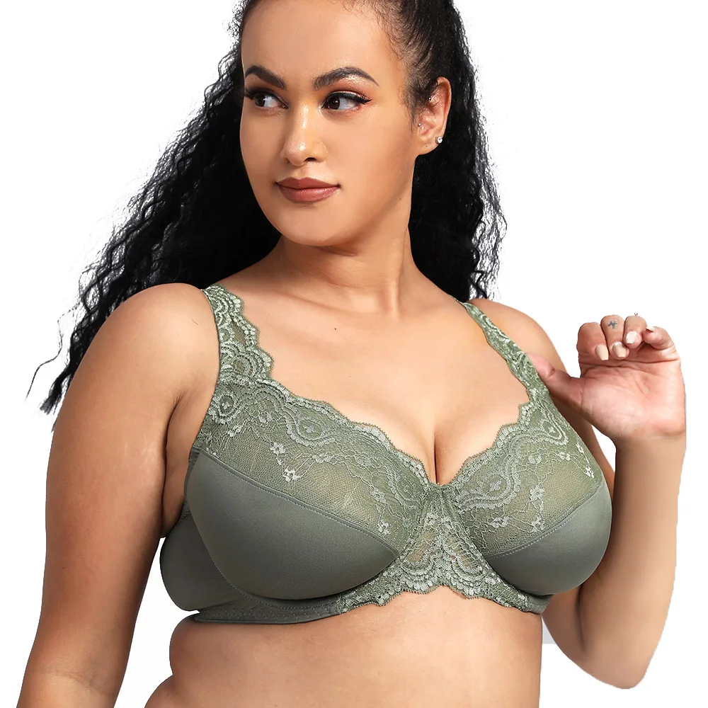 New Sexy Lace Bra Women's Full Coverage Jacquard Non Padded Lace Underwire Plus Size Bra Top 34-46 B C D E FCup