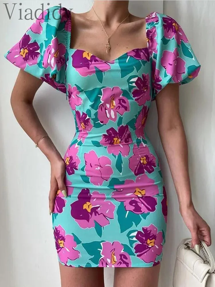 

Women Summer Puff Sleeve Floral Print Bodycon Dress